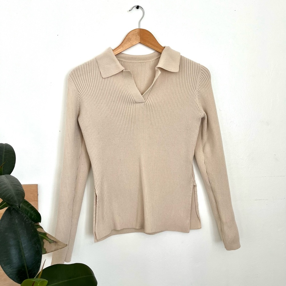 Vintage Ribbed Fitted Ivory Collared Y2K Vneck Sweater